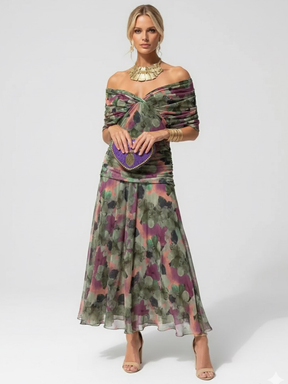 Vestido Feminino Longo Ombro a Ombro Estampado com Franzido – Positano