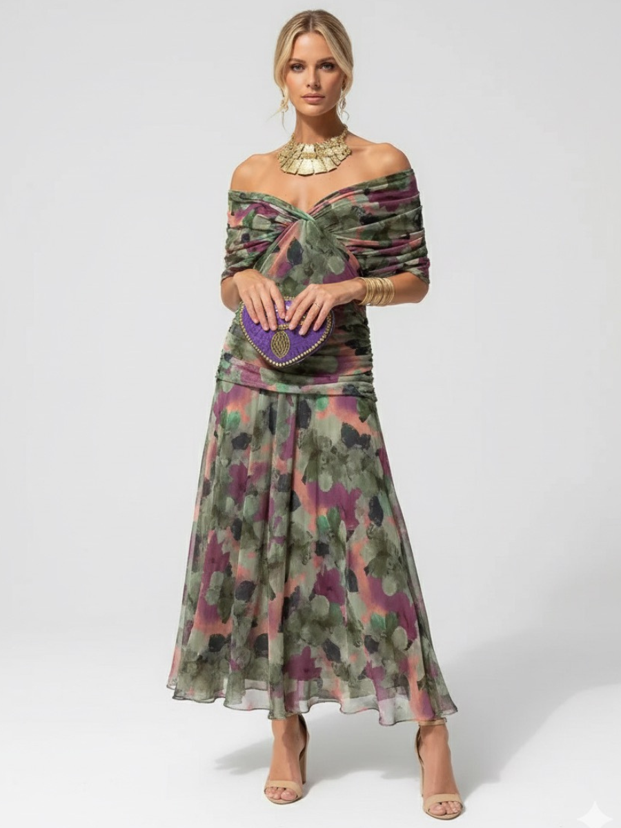 Vestido Feminino Longo Ombro a Ombro Estampado com Franzido – Positano