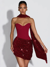 Vestido Feminino Curto de Paetê Tomara que Caia com Drapeado – Gatsby