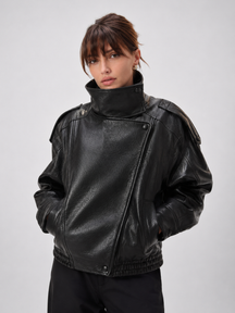 Jaqueta Feminina de Couro Legítimo Oversized Gola Alta – Bruges