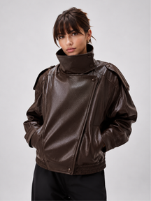 Jaqueta Feminina de Couro Legítimo Oversized Gola Alta – Bruges