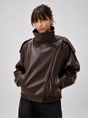 Jaqueta Feminina de Couro Legítimo Oversized Gola Alta – Bruges