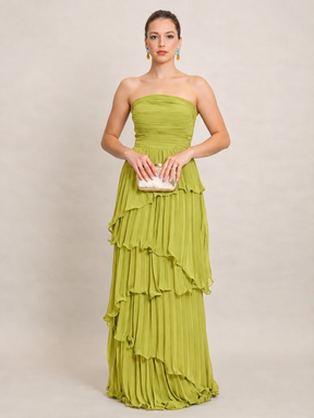 Vestido Feminino Longo Tomara que Caia Plissado com Babados – Amalfi