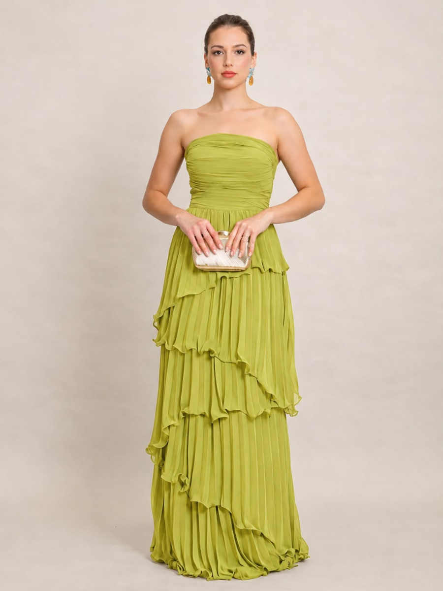Vestido Feminino Longo Tomara que Caia Plissado com Babados – Amalfi