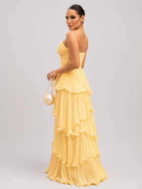 Vestido Feminino Longo Tomara que Caia Plissado com Babados – Amalfi