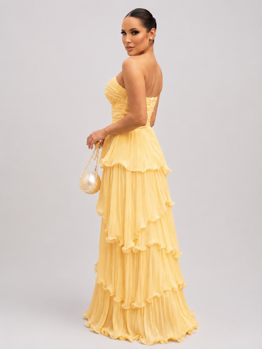 Vestido Feminino Longo Tomara que Caia Plissado com Babados – Amalfi