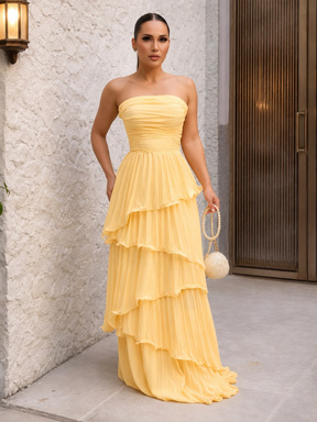 Vestido Feminino Longo Tomara que Caia Plissado com Babados – Amalfi