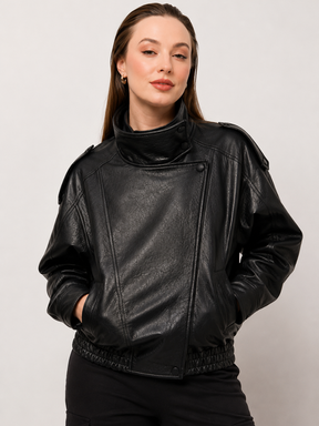 Jaqueta Feminina de Couro Legítimo Oversized Gola Alta – Bruges