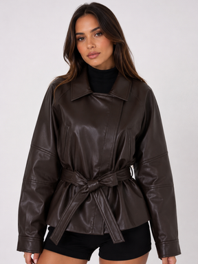 Jaqueta Feminina de Couro Legítimo Oversized com Cinto – Capri