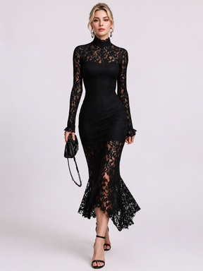 Vestido Feminino Midi de Renda Manga Longa Gola Alta – Vienna