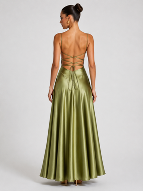 Vestido Feminino Longo de Cetim com Decote Drapeado – Siena