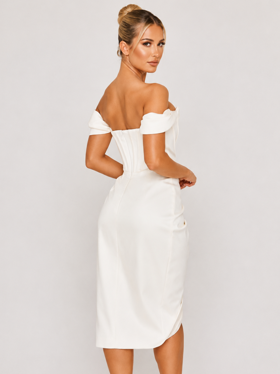 Vestido Feminino Midi de Cetim com Corset e Fenda Ombro a Ombro – Cannes
