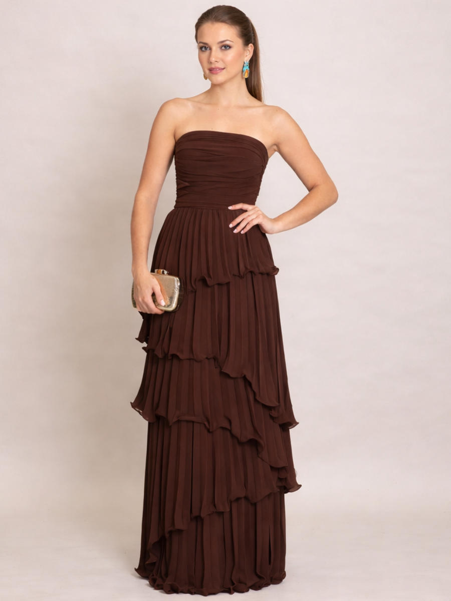 Vestido Feminino Longo Tomara que Caia Plissado com Babados – Amalfi