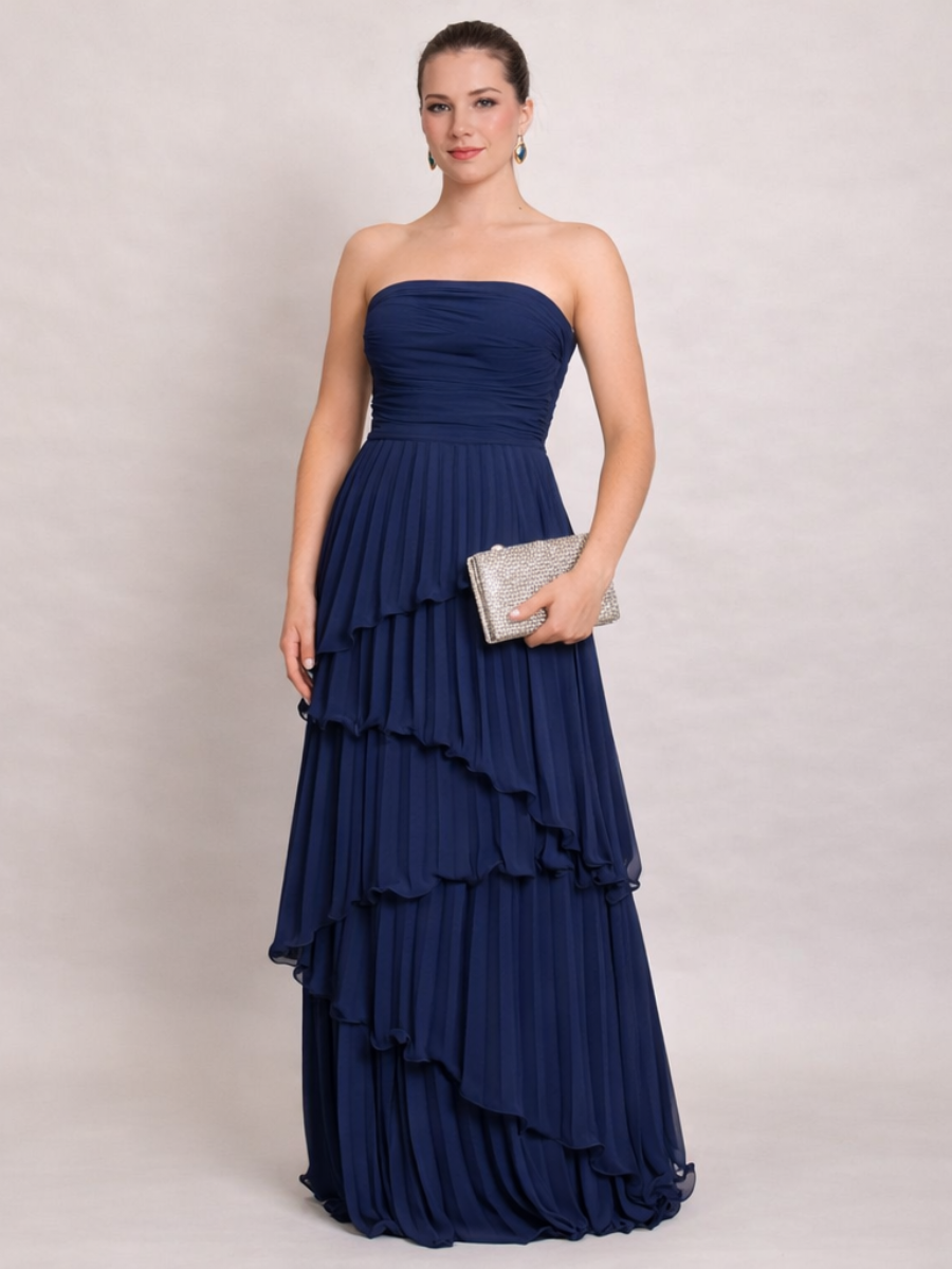 Vestido Feminino Longo Tomara que Caia Plissado com Babados – Amalfi