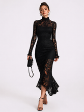 Vestido Feminino Midi de Renda Manga Longa Gola Alta – Vienna