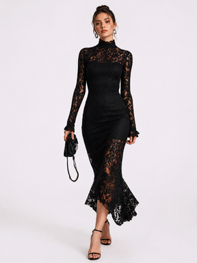 Vestido Feminino Midi de Renda Manga Longa Gola Alta – Vienna