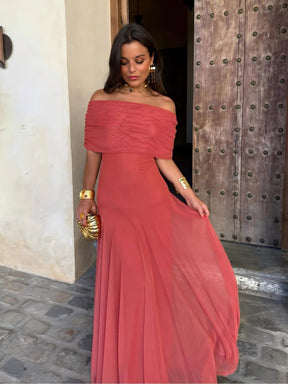 Vestido Feminino Longo Ombro a Ombro de Chiffon com Drapeado – Umbria