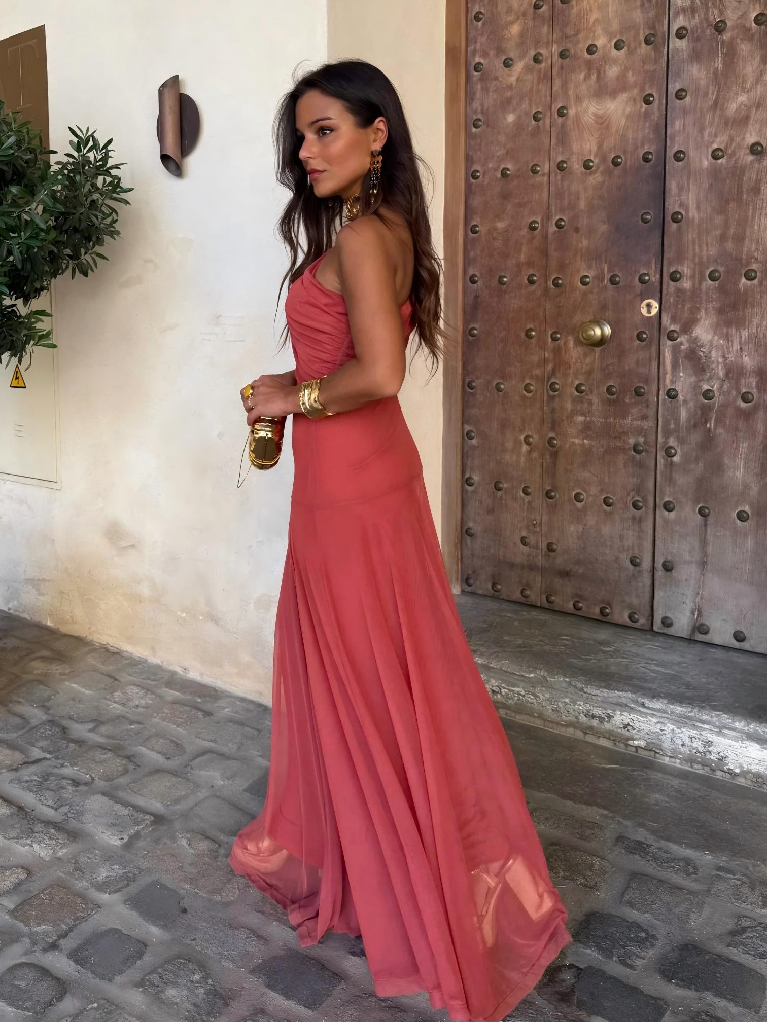 Vestido Feminino Longo Ombro a Ombro de Chiffon com Drapeado – Umbria