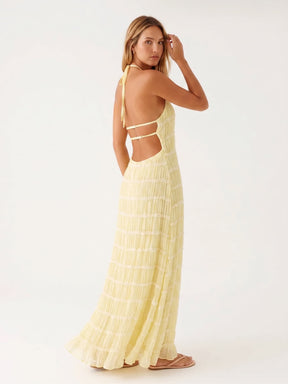 Vestido Longo Gola Alta com Textura em Relevo e Costas Abertas - Anacapri
