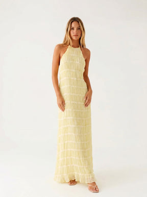 Vestido Longo Gola Alta com Textura em Relevo e Costas Abertas - Anacapri