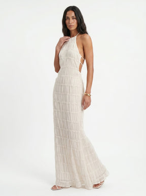 Vestido Longo Gola Alta com Textura em Relevo e Costas Abertas - Anacapri