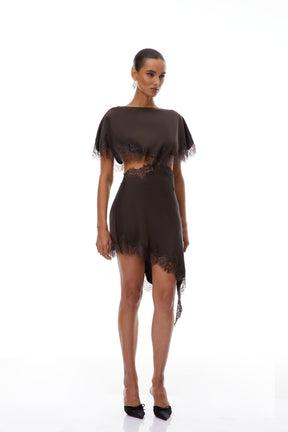 Vestido Curto Acetinado com Renda - Lace