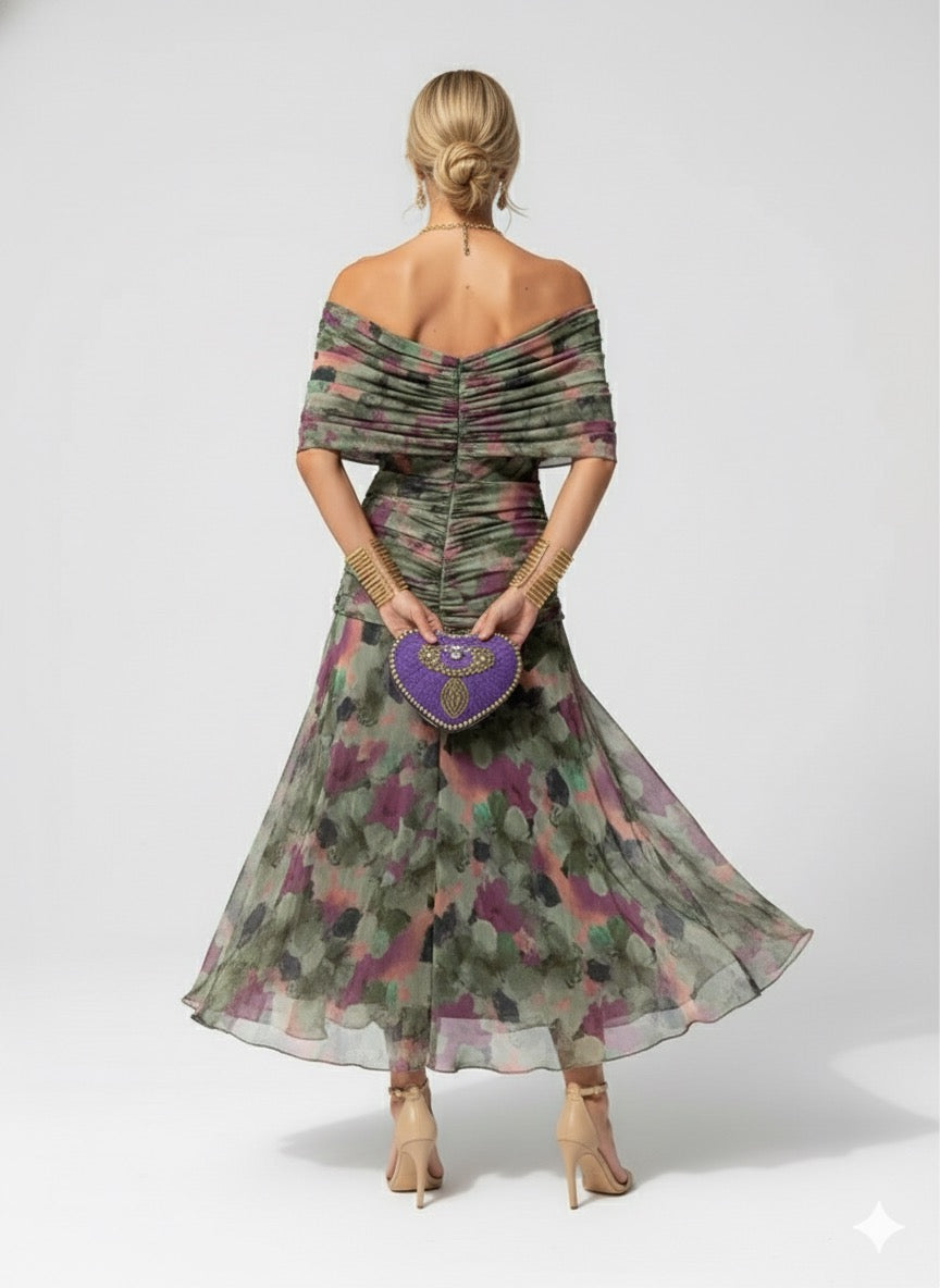 Vestido Feminino Longo Ombro a Ombro Estampado com Franzido – Positano