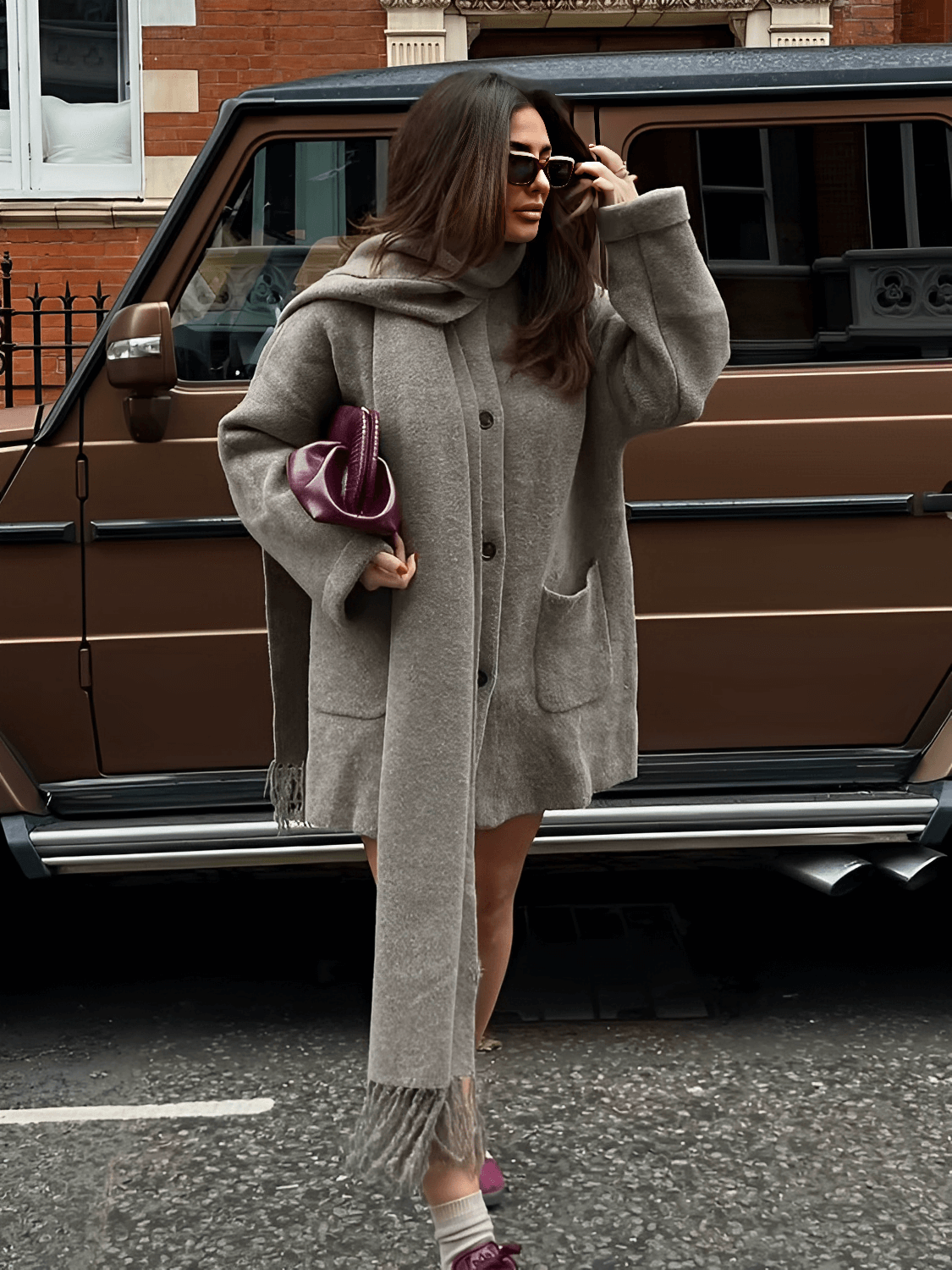 Casaco Oversized em Lã Batida com Gola Cowl