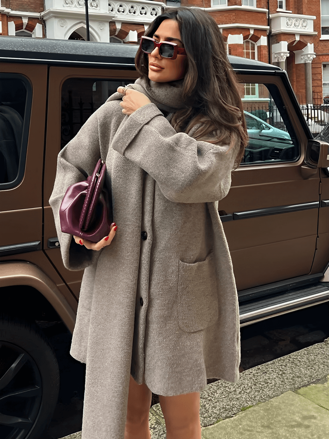 Casaco Oversized em Lã Batida com Gola Cowl