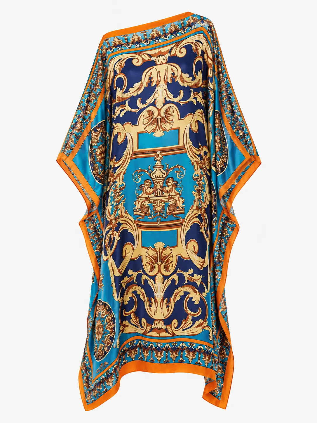 Vestido Kaftan Longo Azul e Dourado com Estampa Barroca - Versat