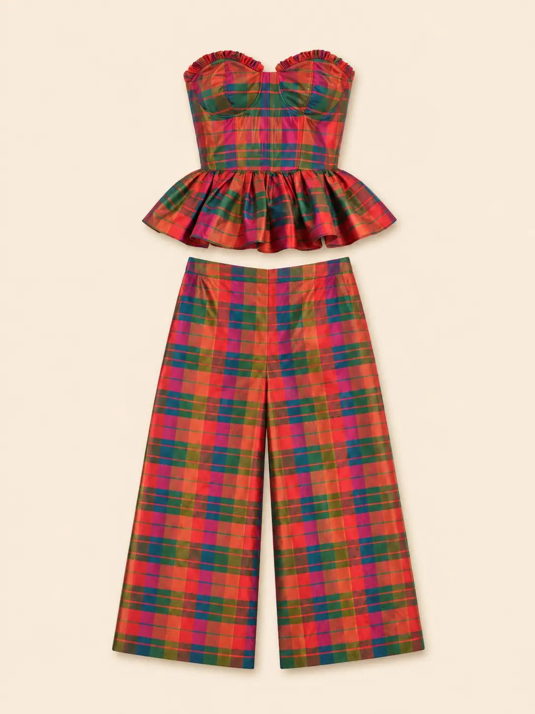 Conjunto Xadrez Colorido Top Tomara Que Caia e Calça Pantalona - Julie