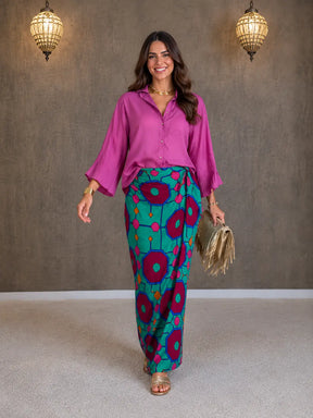 Conjunto Feminino Rosa com Estampa de Tigre Camisa e Saia Longa — Jaipur