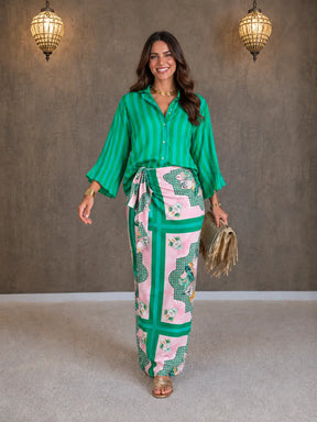 Conjunto Feminino Rosa com Estampa de Tigre Camisa e Saia Longa — Jaipur