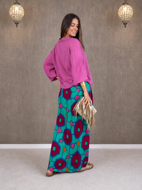 Conjunto Feminino Rosa com Estampa de Tigre Camisa e Saia Longa — Jaipur
