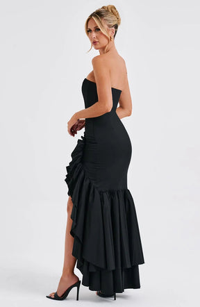 Vestido Feminino Longo com Fenda e Babados Tomara que Caia – Riviera