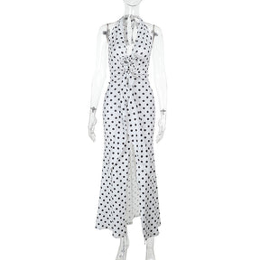 Vestido Longo com Decote Halter com Estampa em Poá - Vintage