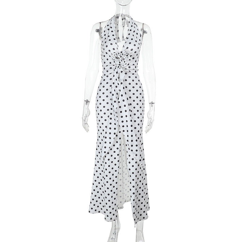 Vestido Longo com Decote Halter com Estampa em Poá - Vintage
