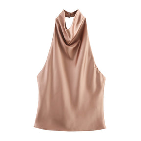 Top Halter de Cetim com Decote Drapeado