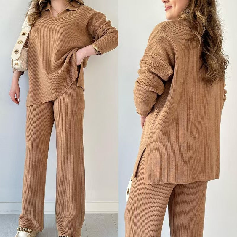Conjunto de Suéter com Gola e Calça Caneladas em Algodão