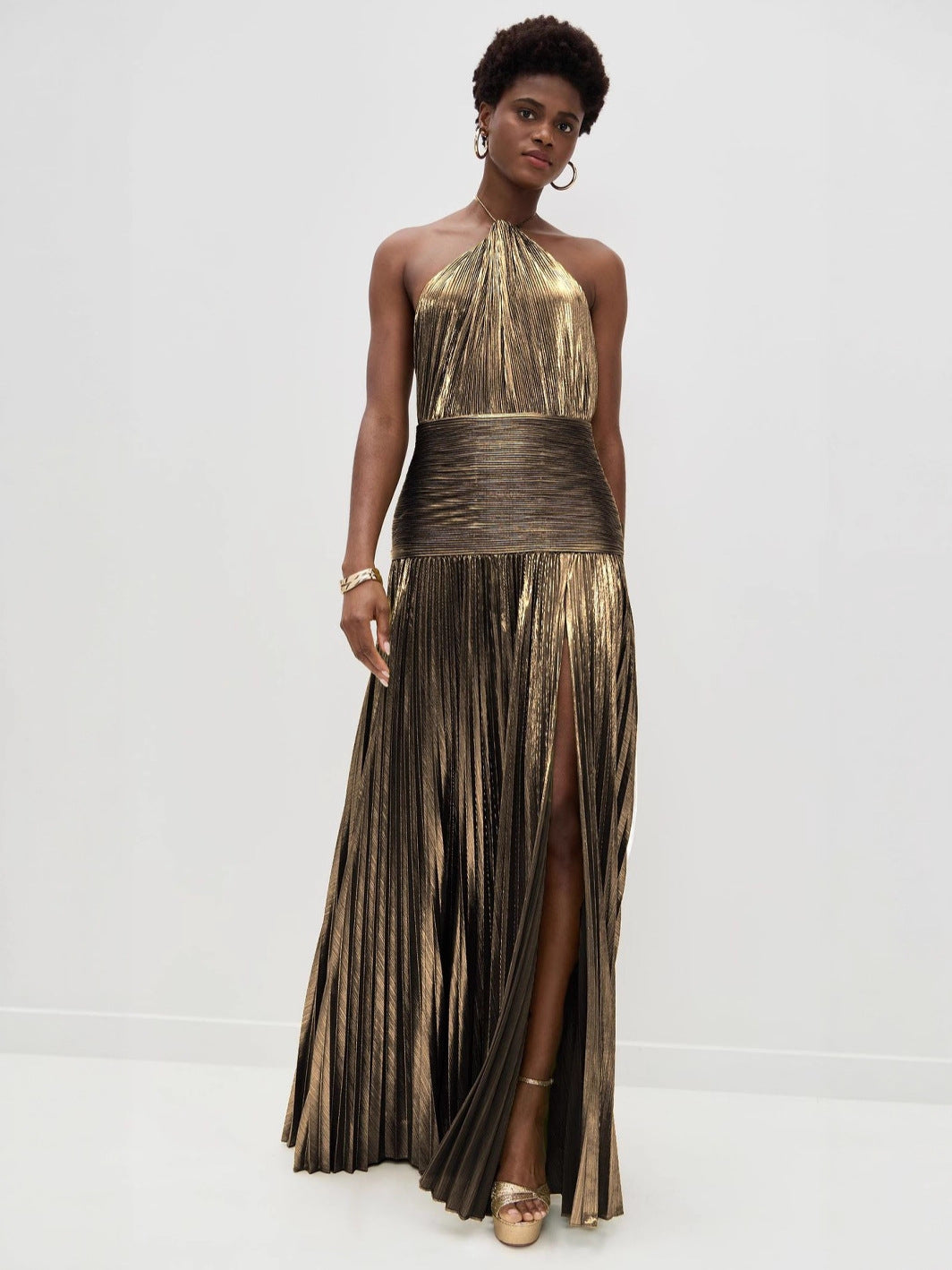 Vestido Longo Plissado e Fenda Lateral - Soleil