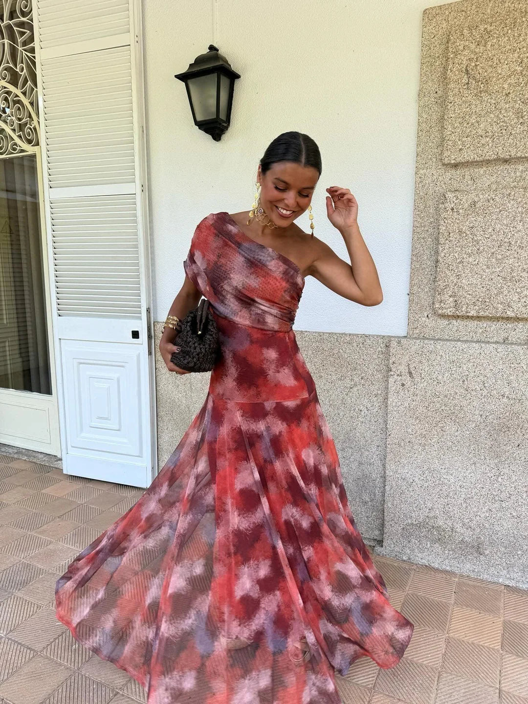 Vestido Feminino Longo Ombro a Ombro de Chiffon com Drapeado – Umbria