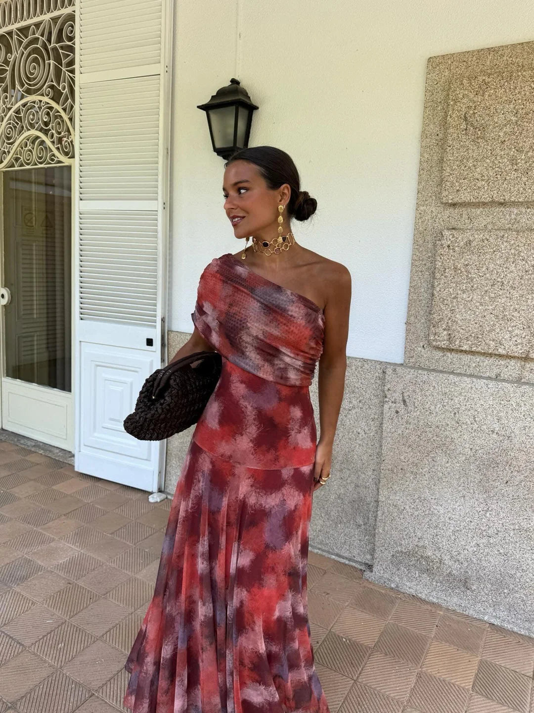 Vestido Feminino Longo Ombro a Ombro de Chiffon com Drapeado – Umbria