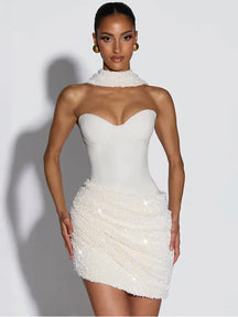 Vestido Feminino Curto de Paetê Tomara que Caia com Drapeado – Gatsby