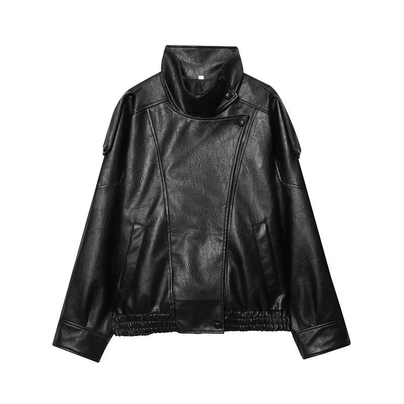 Jaqueta Feminina de Couro Legítimo Oversized Gola Alta – Bruges