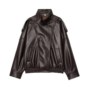 Jaqueta Feminina de Couro Legítimo Oversized Gola Alta – Bruges