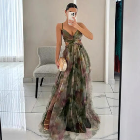 Vestido Feminino Longo Floral de Alcinhas com Decote V – Toscana