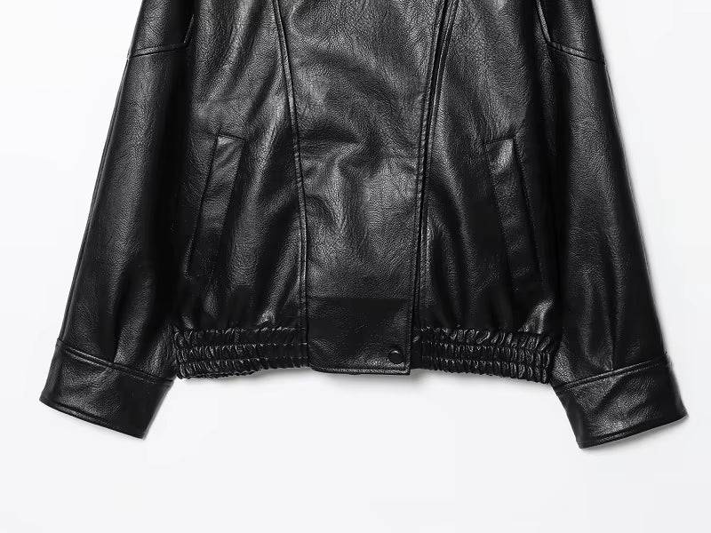 Jaqueta Feminina de Couro Legítimo Oversized Gola Alta – Bruges