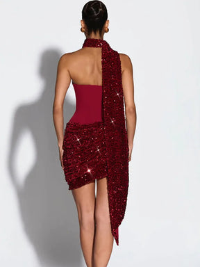 Vestido Feminino Curto de Paetê Tomara que Caia com Drapeado – Gatsby