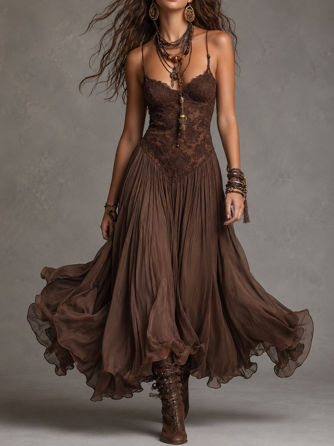 Vestido Feminino Longo Boho de Renda e Chiffon com Decote Coração – Sedona