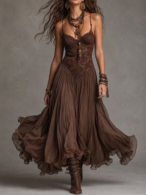 Vestido Feminino Longo Boho de Renda e Chiffon com Decote Coração – Sedona